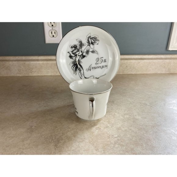 Gift Craft Bone China 25th Silver Wedding Anniversary Tea Cup And Saucer Set - Picture 4 of 7